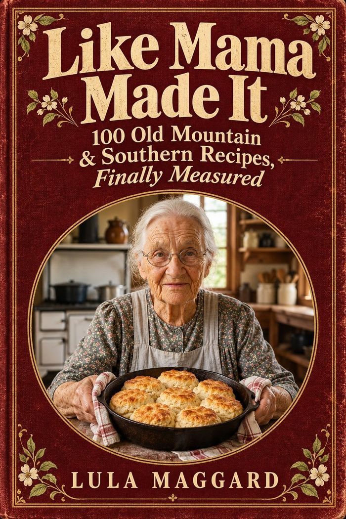 Cover of Like Mama Made It: an older woman holding a cast-iron skillet of biscuits, framed in an oval on red cloth