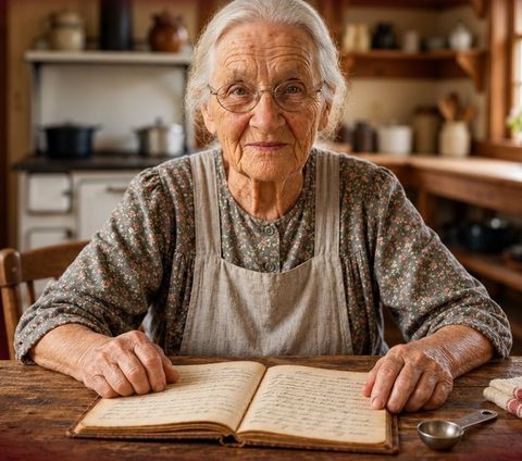 Lula at a kitchen table with an open handwritten recipe book