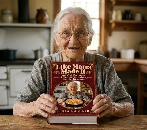 Lula at her kitchen table holding her cookbook, Like Mama Made It