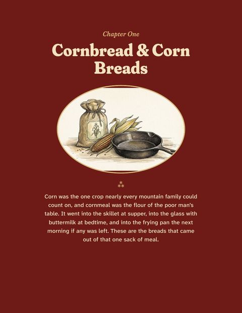 Chapter One page: Cornbread and Corn Breads, red page with an oval drawing of a cornmeal sack and skillet