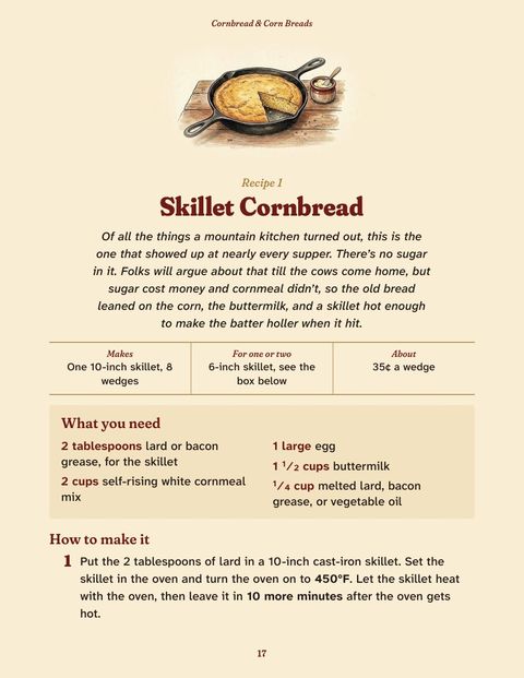 Recipe 1, Skillet Cornbread: drawing, short introduction, what it makes and costs, and measured ingredients